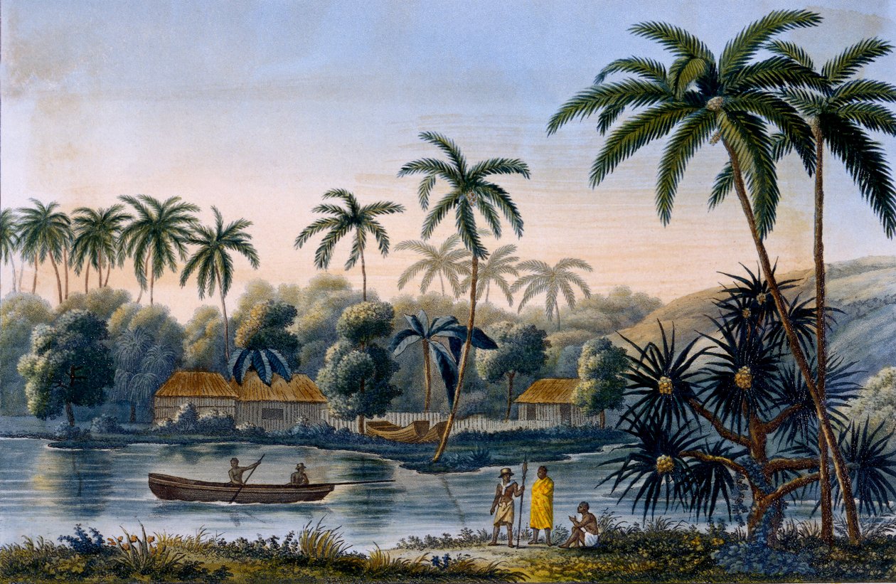 En del av byn Matavae, kokospalmer och annan frukt, Tahiti, från Voyage around the World på Corvette Coquille av löjtnant Louis Isodore Duperrey, publicerad 1826 av French School