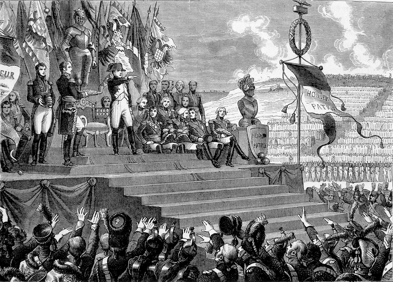 Fest på Camps de Boulogne: Napoleon I:s konsul. Gravyr - i "" Histoire de France"" av Henri Martin. 1800-talet. av French School