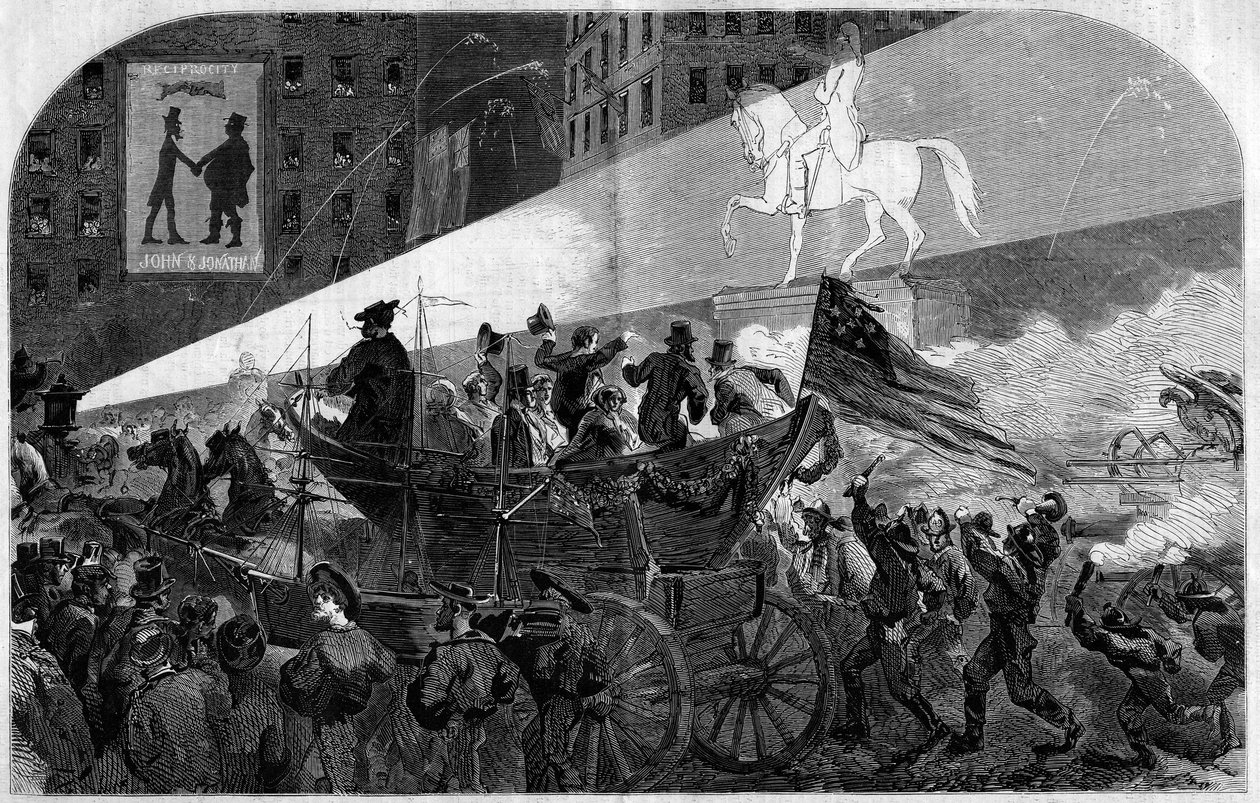 Fest på gatorna i New York (New York) för att fira installationen av den transatlantiska telegrafiska kabeln mellan USA (USA) och England 1858. Gravyr i "" Le Monde Illustré"" nr 79 av 16 oktober 1858. av French School