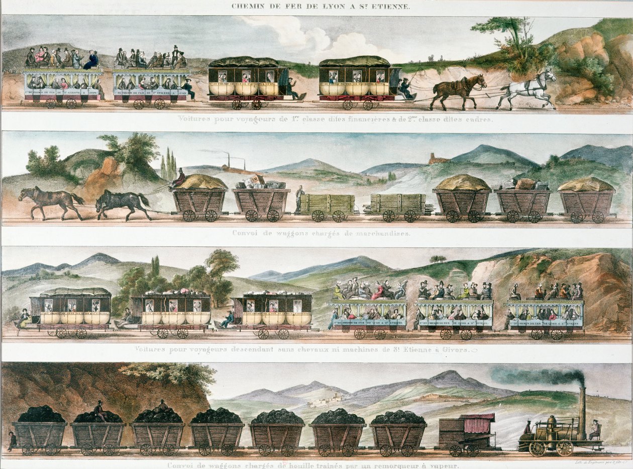 Passagerare och gods på den första franska linjen öppnade mellan Lyon och St. Etienne, 1829 (färg litho) av French School