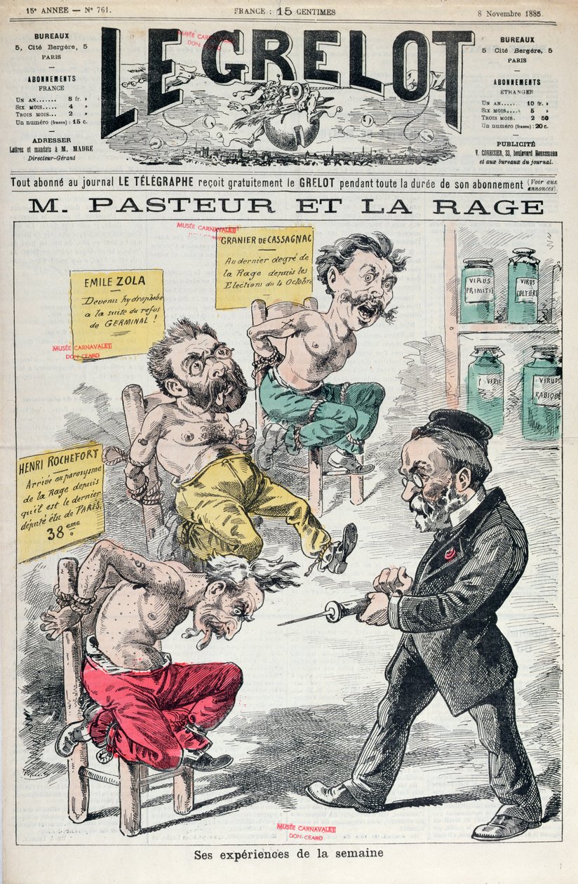 Pasteur och rabies, karikatyr av Louis Pasteurs experiment (1822-95) från Le Grelot, 8 november 1885 av French School