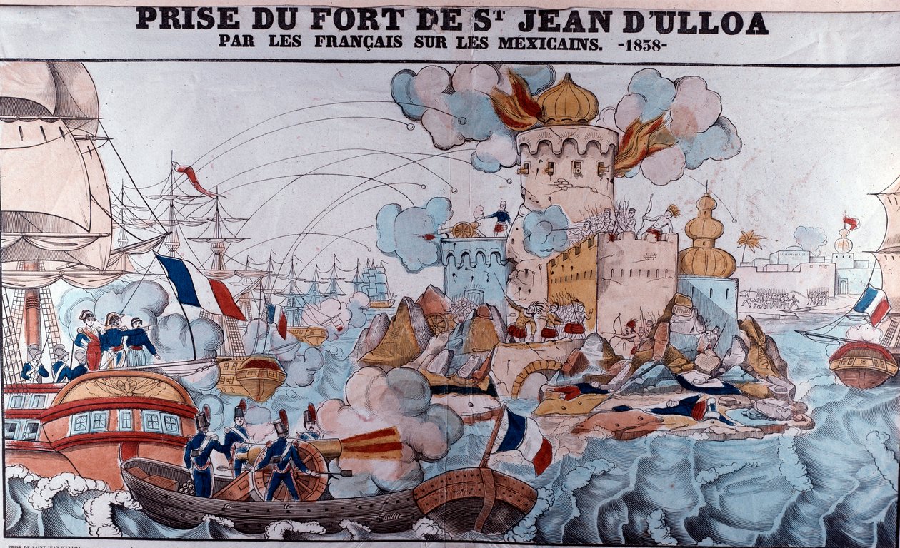 Bakverkskrig: invasion av Mexiko av franska styrkor den 27 november 1838, slaget vid Veracruz (epinaltryck) av French School