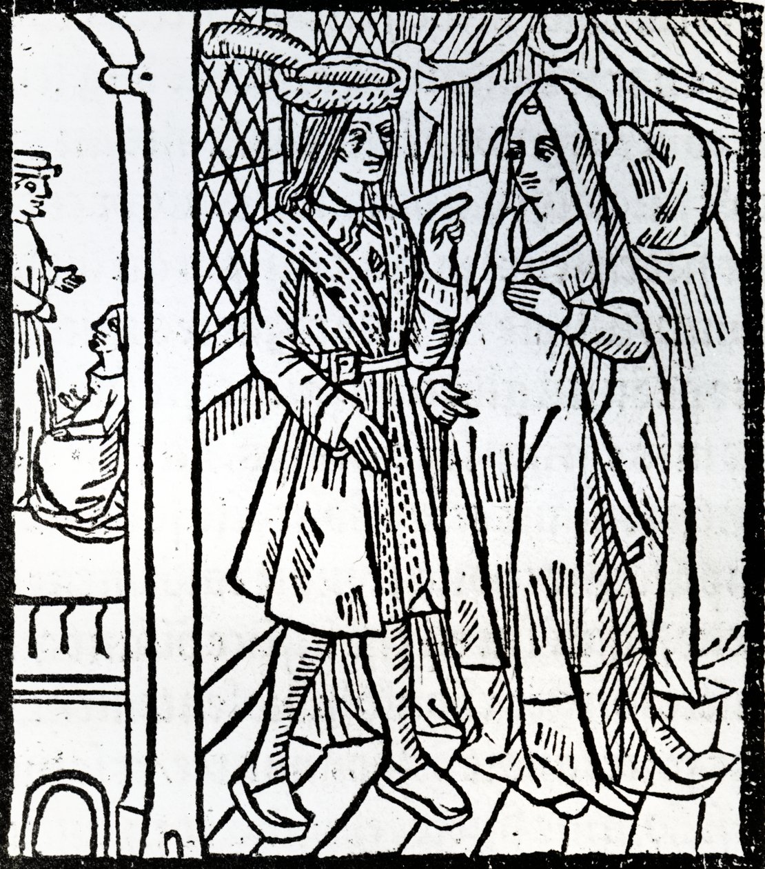 Pathelin och Guillemette, från The Farce of Master Pierre Pathelin, c.1465 av French School