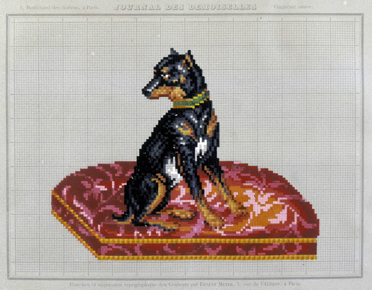 Mönster för korsstygnsbroderi (hund) - i "" Journal des Demoiselles"" 1852. av French School