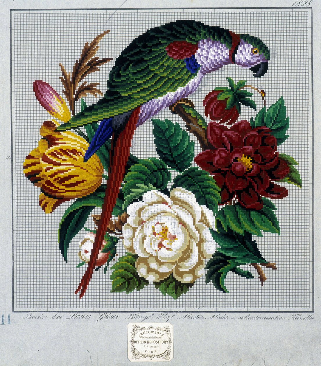 Mönster för korsstygnsbroderi (papegoja) - i "" Journal des Demoiselles"" 1852. av French School