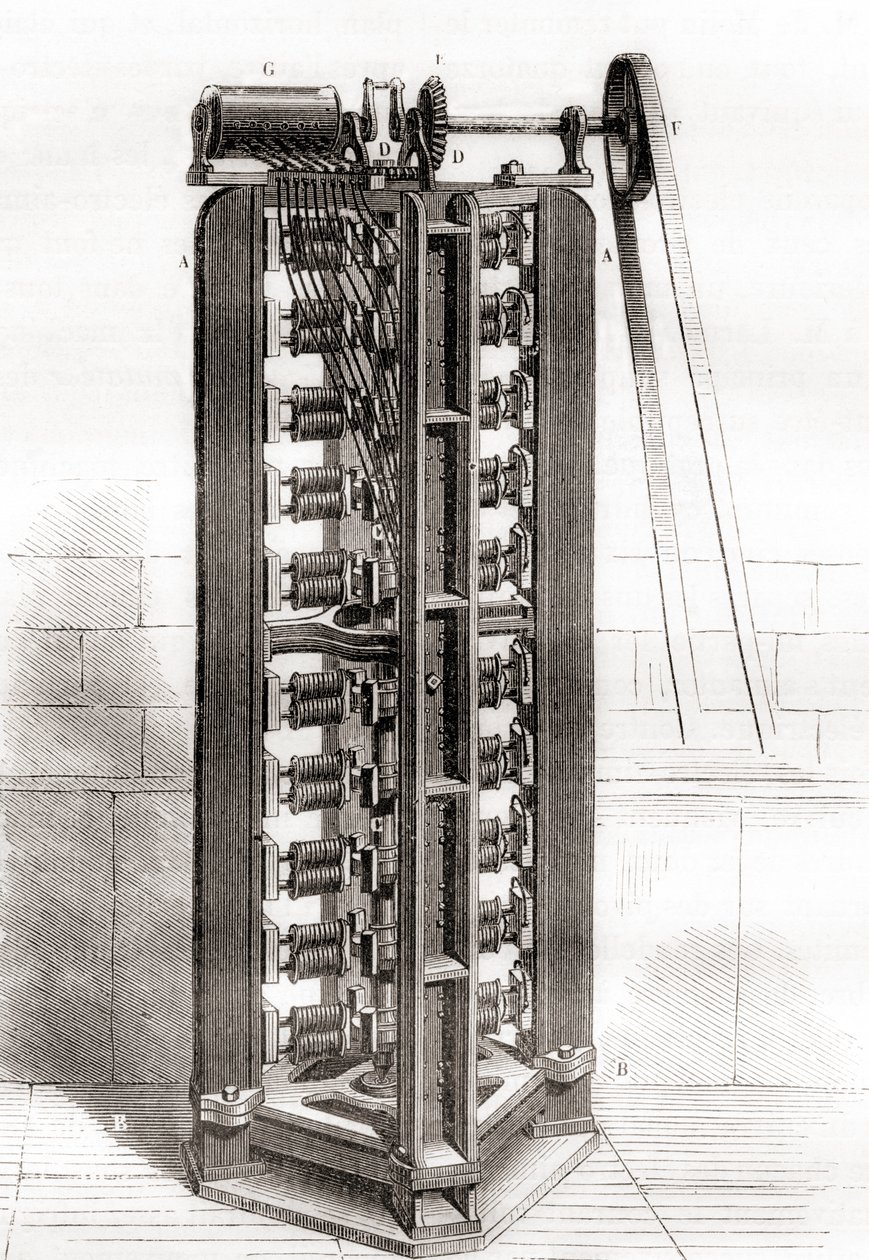 Paul-Gustave Froments vertikala elektromotor, ca 1844, från Les Merveilles de la Science, publicerad ca 1870 (gravyr) av French School