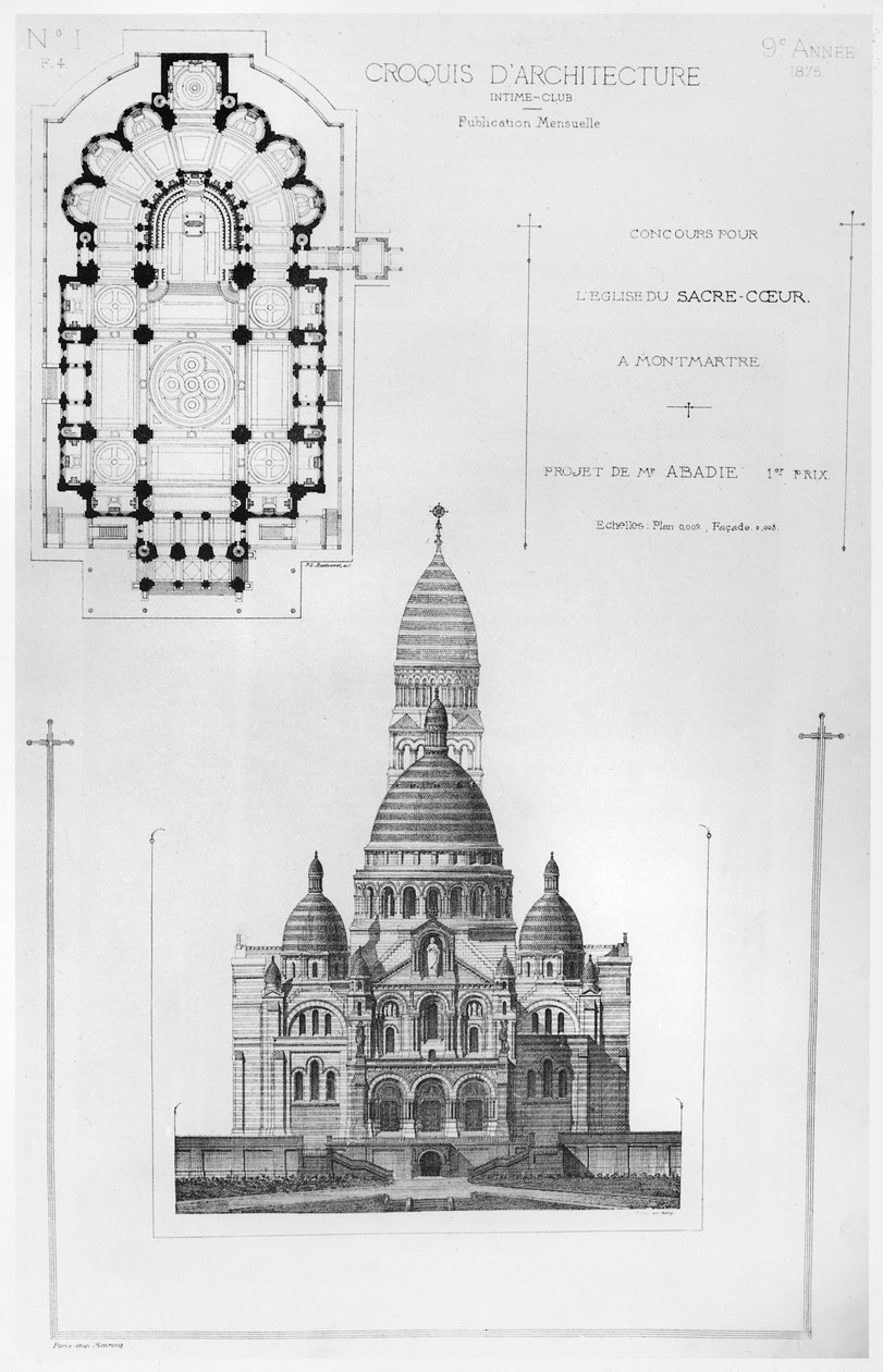 Paul Abadies vann design i Competition for the Design of Sacré-Coeur i Montmartre, från Croquis dArchitecture, 1875 av French School