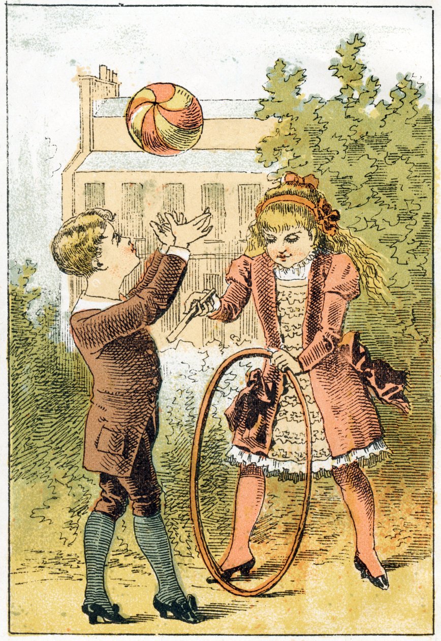 Paul spelar boll och Louise spelar båge - i "Alphabet des petits savants", sent 1800-tal (kromolitografi) av French School
