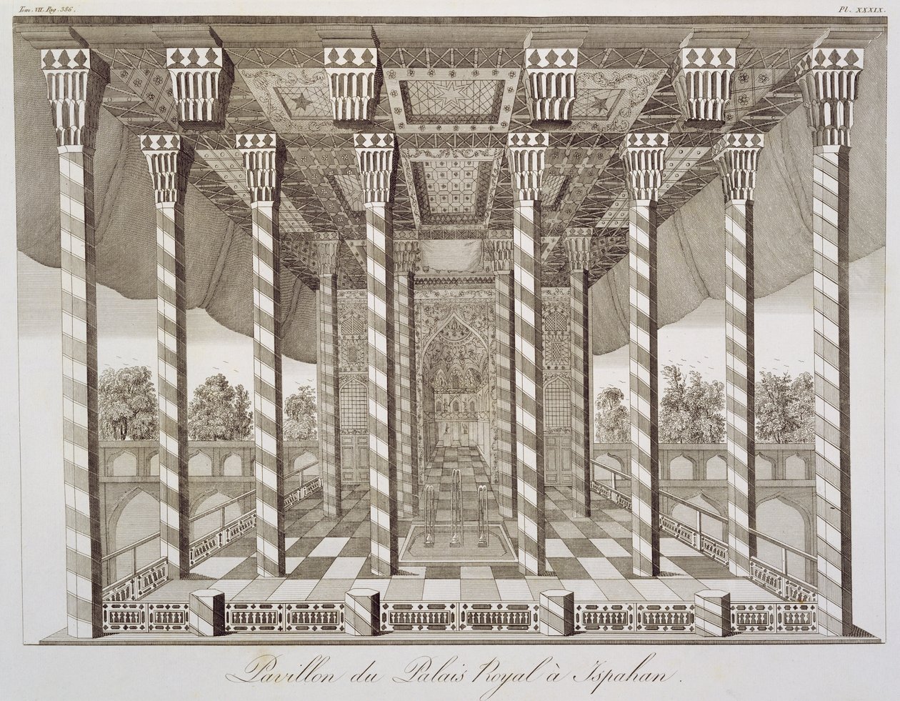 Paviljong vid Kungliga slottet i Isfahan, från Voyages du Chevalier Chardin en Perse, et autres Lieux d