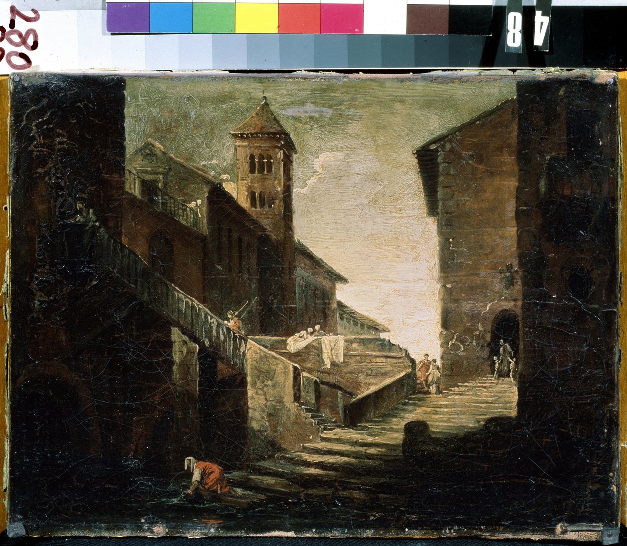 ""Landskap i en fransk by"" Bron och floden i en populär stadsdel. Fransk skolmålning. Tidigt 1700-tal Mikhail Kroshitsky konstmuseum, Sevastopol (Sevastopol) Ukraina av French School