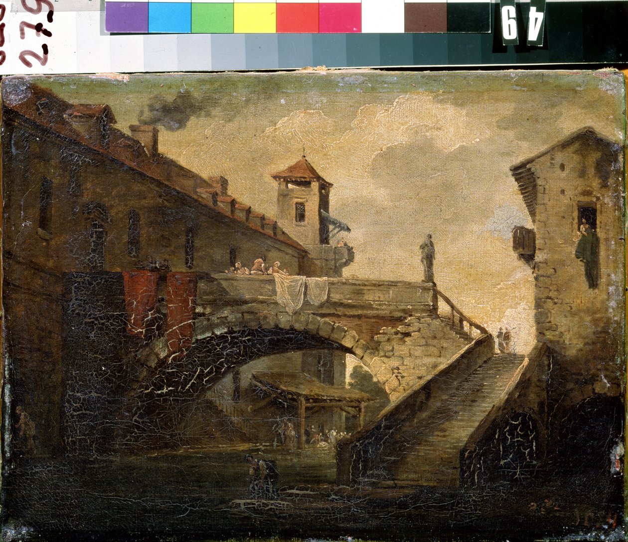 ""Landskap i en fransk by"" Bron och floden i en populär stadsdel. Fransk skolmålning. Tidigt 1700-tal Mikhail Kroshitsky konstmuseum, Sevastopol (Sevastopol) Ukraina av French School