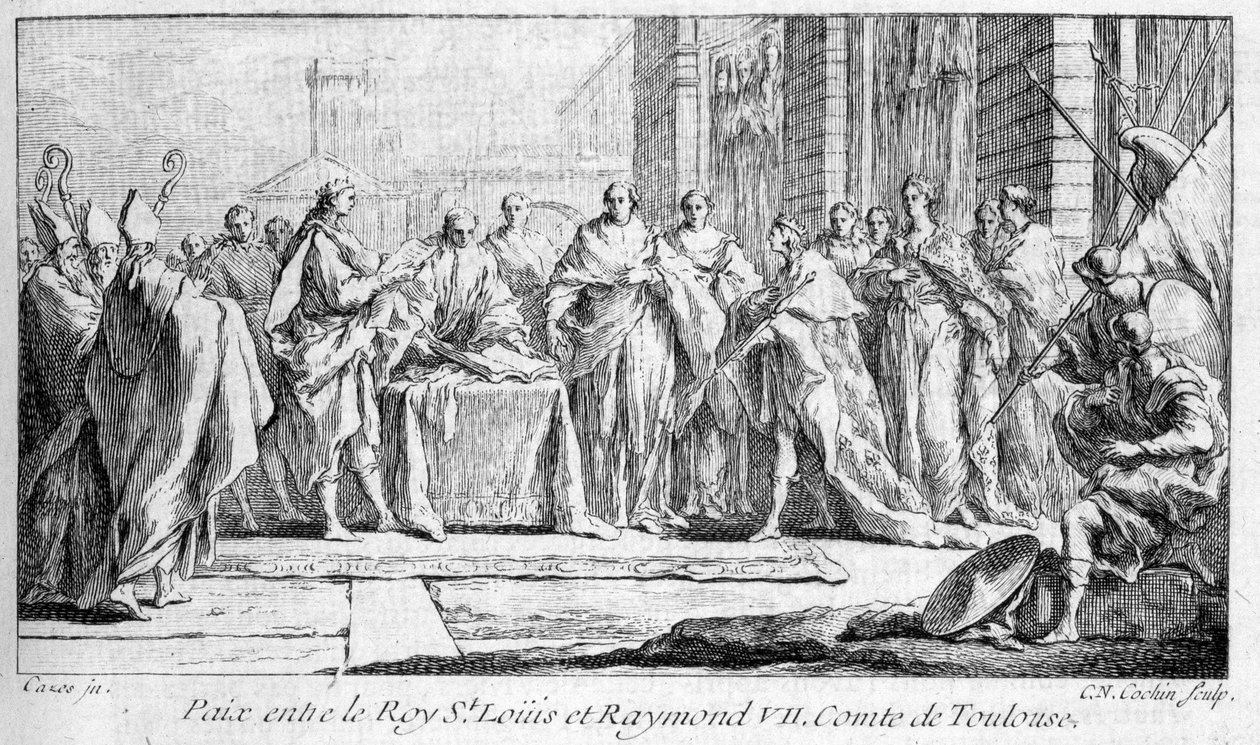 Fred mellan Raymond VII och Saint Louis 1229 i "Histoire générale de Languedoc" av Joseph Vaissete, Paris av French School