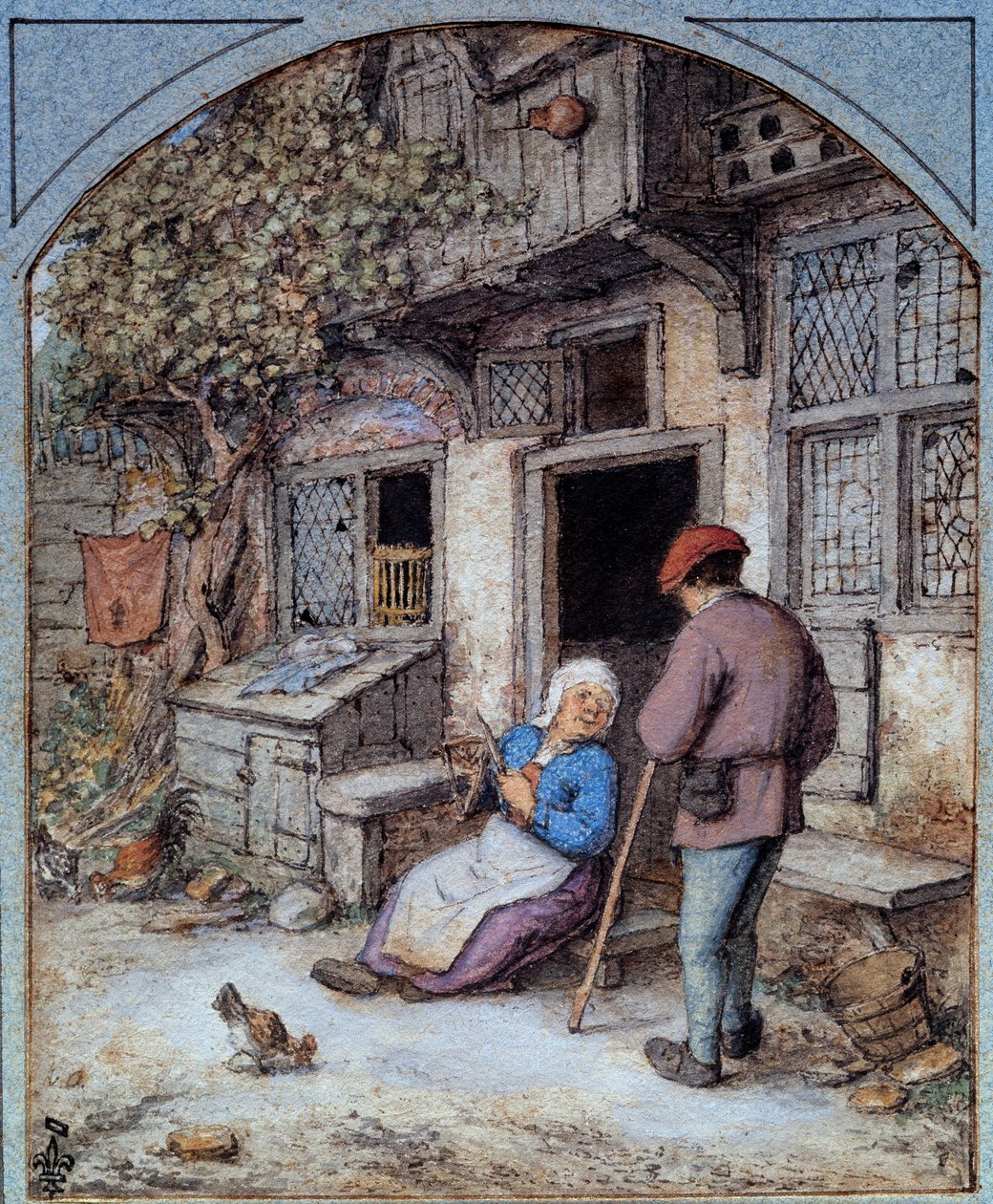 Bönder framför sitt hus Franska skolans akvarell. 1500-talet Chantilly, Conde museum av French School