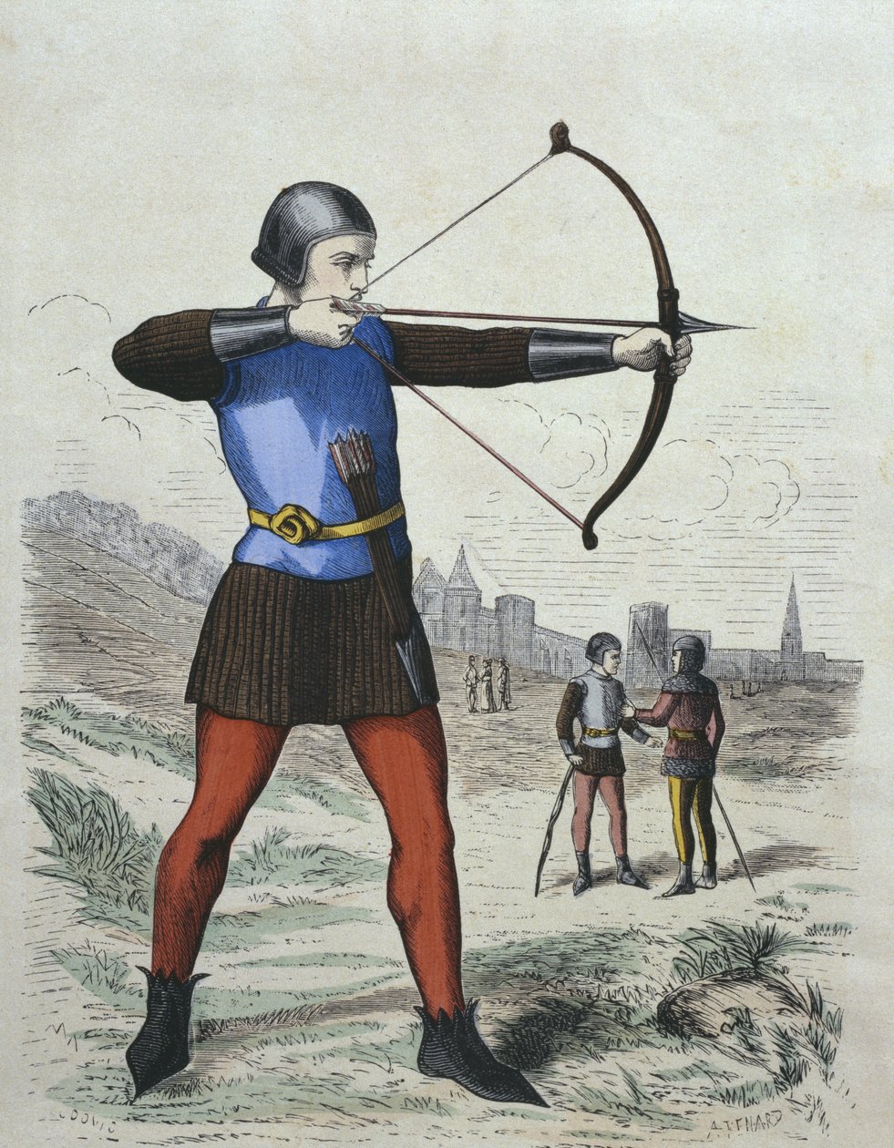 Fotgängarbågskytt på 1200-talet, illustration från Costumes de Paris a travers les siecles av H. Gourdon de Genouillac, graverad av A. Renard (1800-talet) (färgstick) av French School