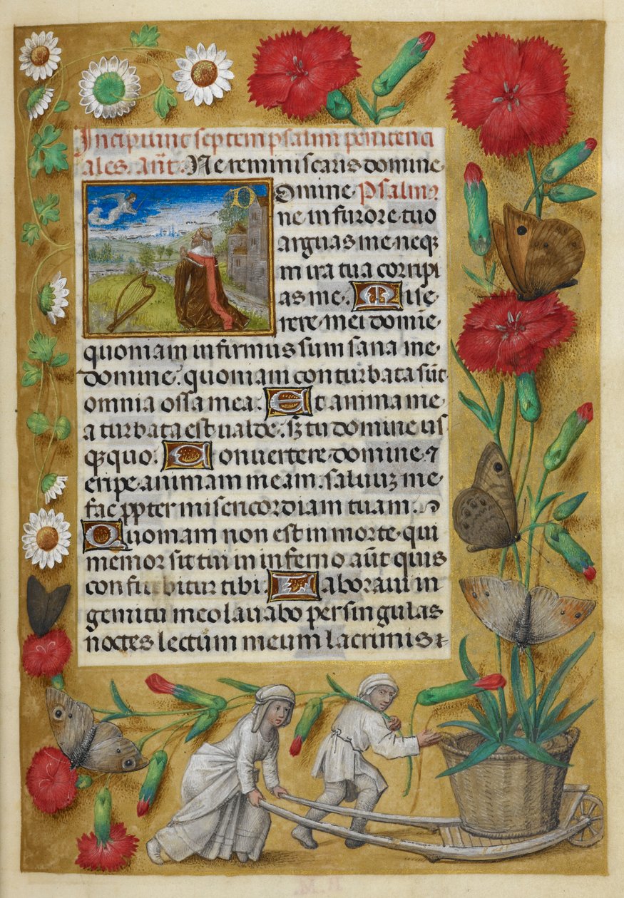 Penitential Psalms. Foliofot: kvinna knuffar en skottkärra med en stor nejlika som växer ur en kruka av French School