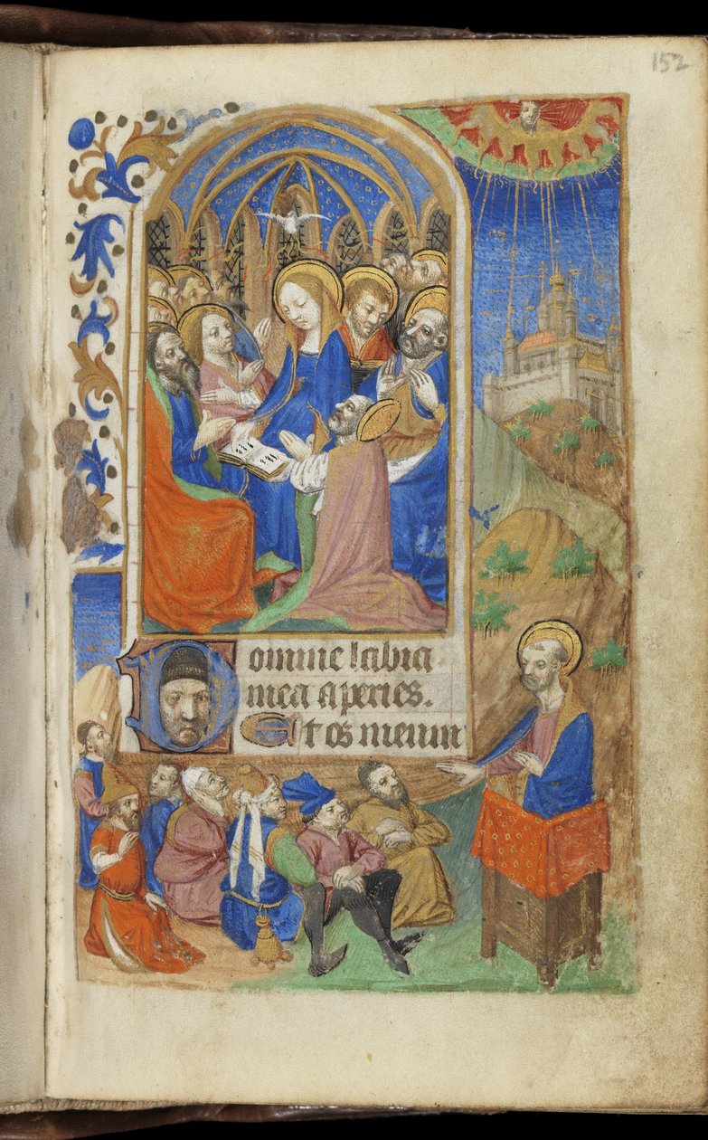 Pentecost and a Preaching Scene, Time Book (Use of Paris) (bläck & färg på veläng) av French School