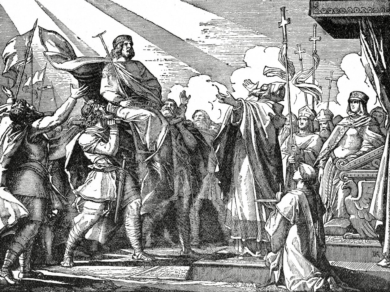 Pepin utropade till kung av frankerna 751, c.1890 Pepin den Korte (c.715-68) oäkta son till Charles Martel; Pepin le Bref; far till Karl den Store (747-815); av French School