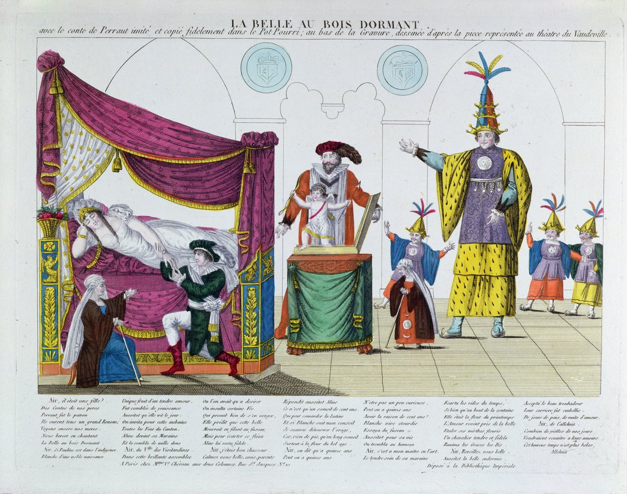 Föreställning av Törnrosan efter sagan av Charles Perrault (1628-1703), på Vaudeville Theatre, Paris, ca 1820 (färgstick) av French School