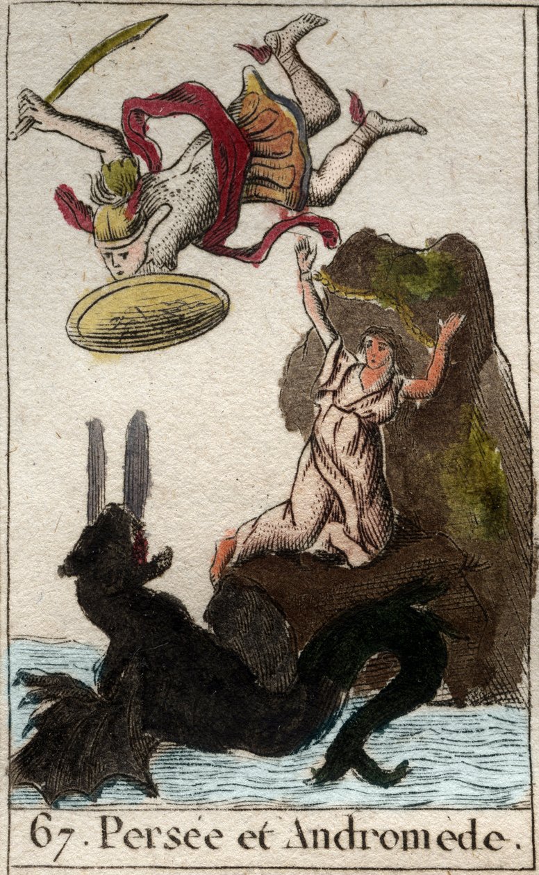 Se representation som kommer till Andromedes undsättning enchainee a un rock (Perseus save Andromeda inchained to a rock) Från "Mythologie de la jeunesse" av Pierre Blanchard 1803. av French School