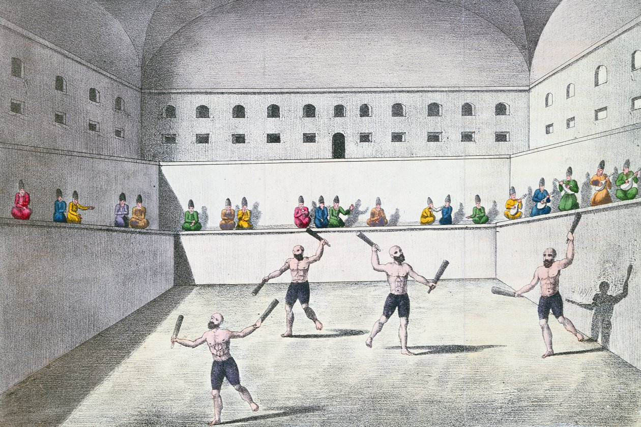 Persiska idrottare som tränar i ett gymnasium, ca 1820 (färggravyr) av French School
