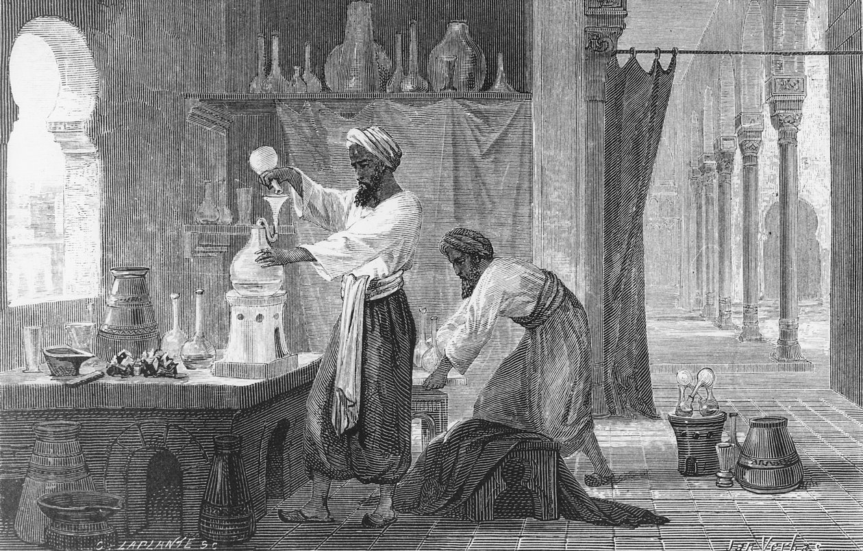 Den persiske alkemisten Rhazes i sitt laboratorium (gravyr) av French School