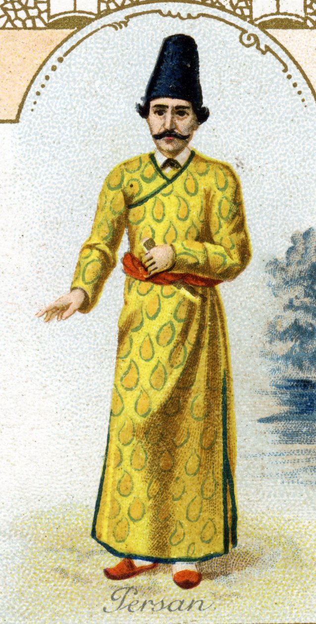 Persisk man. Upplaga av den parisiska litografin, slutet av 1800-talet. Serie om 25 reklamkromoner för Dijon-tillverkningen av Biscuits Pernot, skapad 1869. Detalj av karaktärerna i traditionell kostym av French School