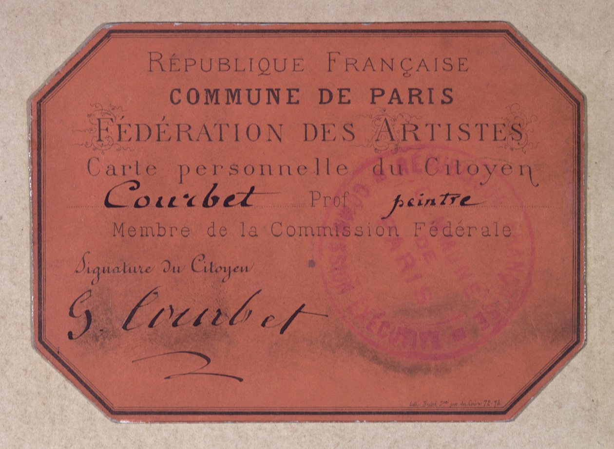 Personligt kort utfärdat av Paris Federation of Artists under Paris Commune och tillhörande Gustave Courbet, 1871 (kartong) av French School