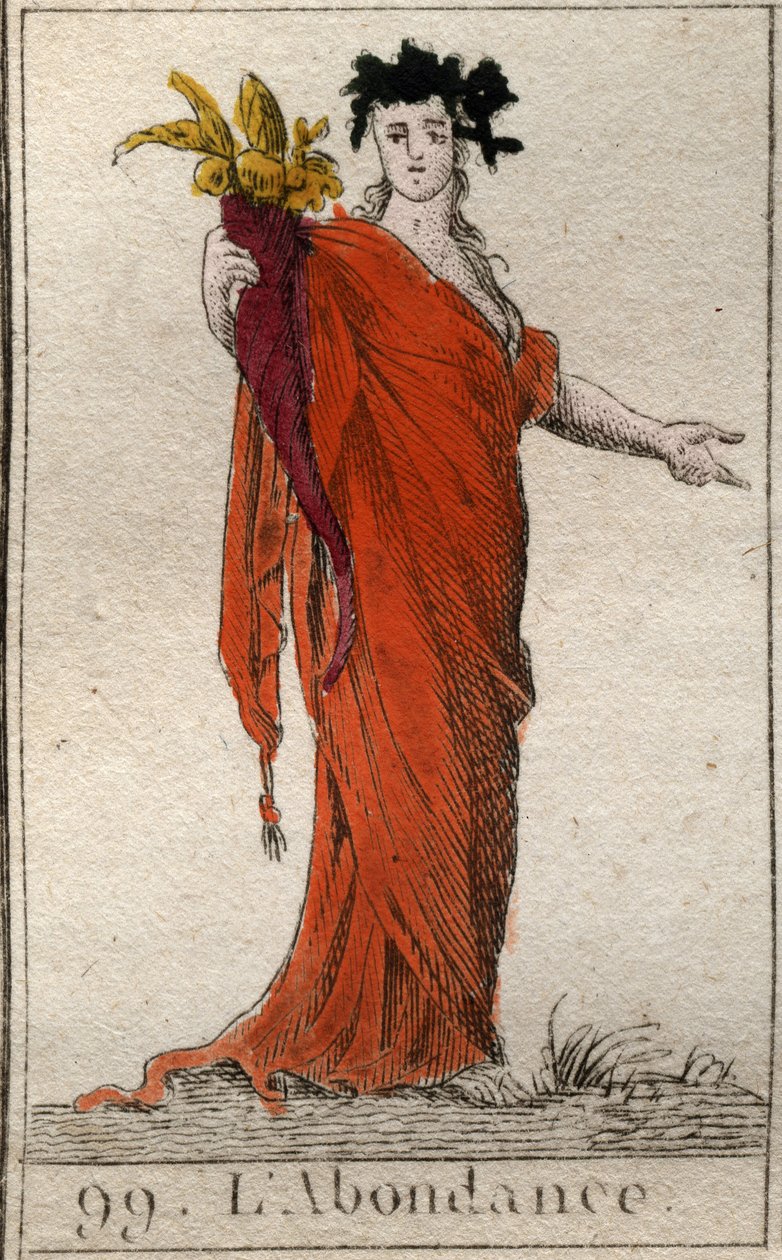 Personifiering av överflöd, med ett horn av överflöd. Personifiering av överflöd, håller ett ymnighetshorn. Från "Mythology of Youth" av Pierre Blanchard 1803. av French School