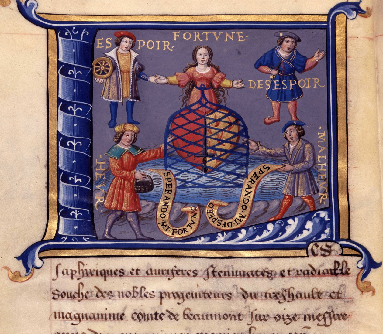 Personifieringar Fortune, Hope, Desperation, Ve och Ve - i "" Discours de l’origine, ämbete, laddning, framsteg, privilegier et immunite des roys et heraults d