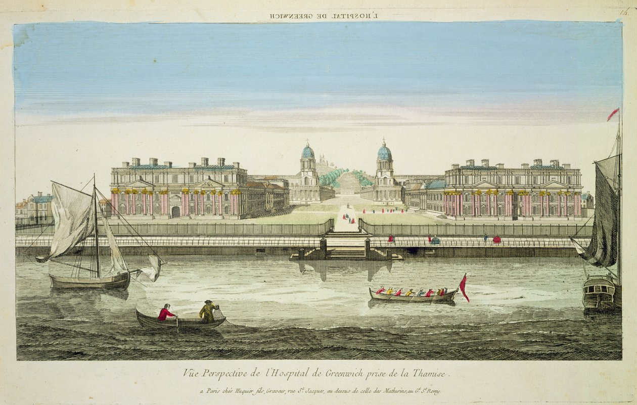 Perspektivvy av Greenwich Hospital på Themsen, graverad av Huquier (färggravyr) av French School