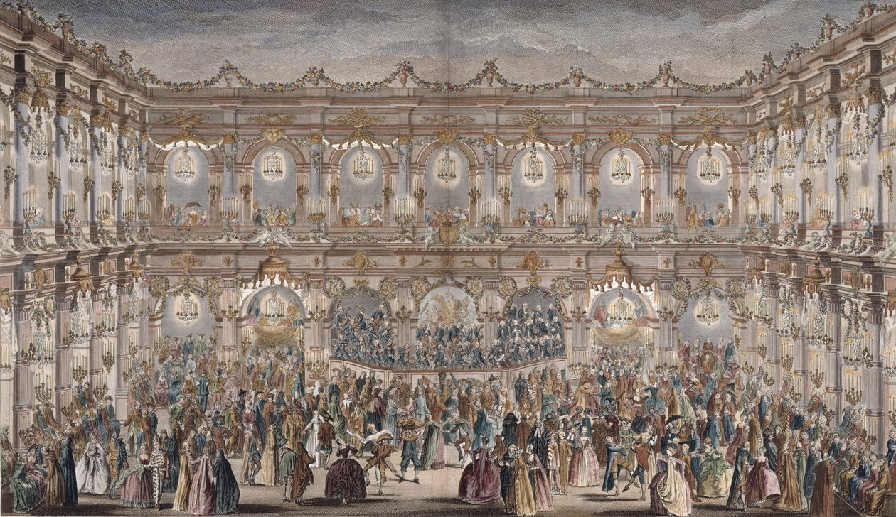 Perspektivvy av balsalen, konstruerad på innergården till Hotel de Ville (färggravyr) av French School