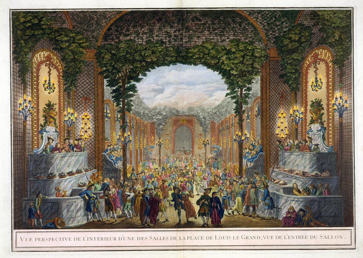 Perspektivvy av interiören av ett av rummen på Place de Louis le Grand, Vy över ingången till salongen (färggravyr) av French School