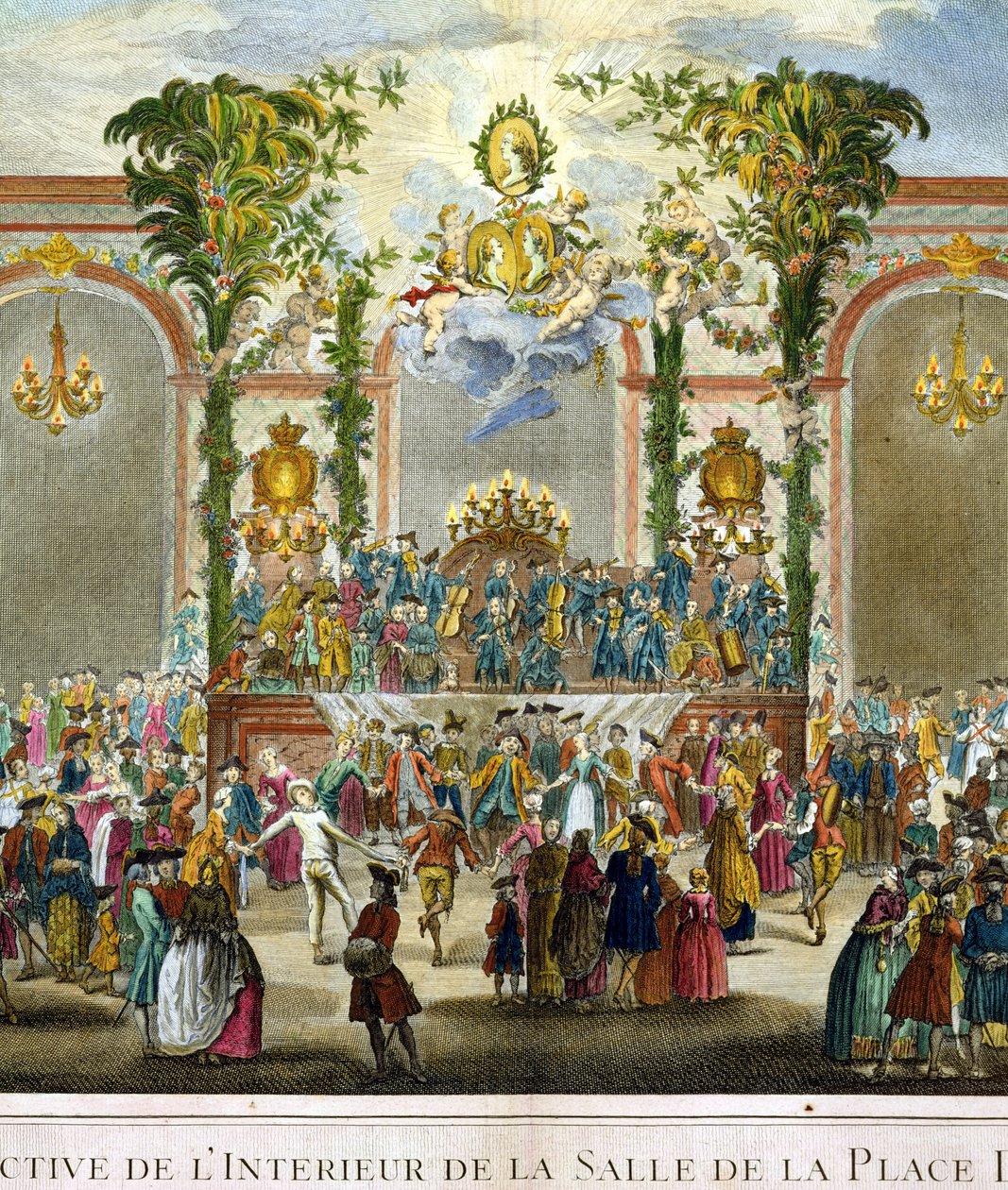 Perspektivvy av interiören av rummet på Place Dauphine (detalj av 101863) (färggravyr) av French School