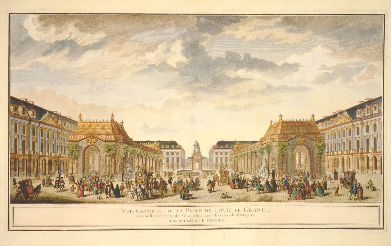 Perspektivvy av Place de Louis le Grand med rummen byggda för tillfället av Monseigneur le Dauphins bröllop (färggravyr) av French School