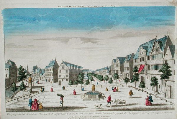 Perspektivvy av Rossmarkt, Frankfurt (färgad gravyr) av French School