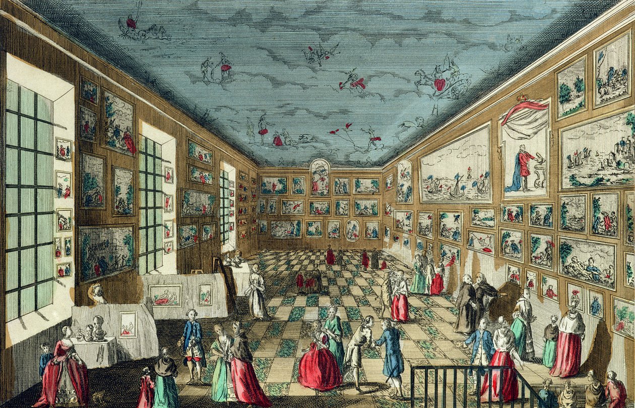 Perspektivvy av salongen av Royal Academy of Painting and Sculpture vid Louvren, Paris av French School