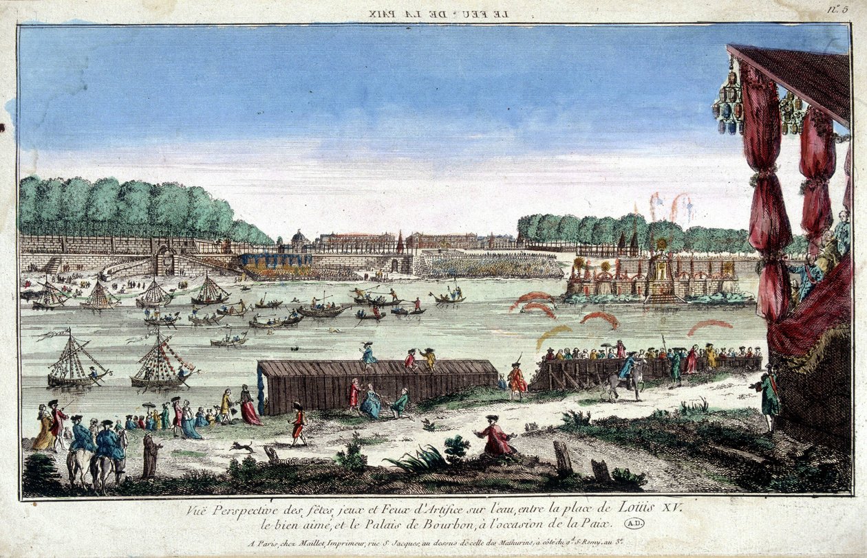 Perspektivvy av fester, spel och fyrverkerier på vattnet, mellan Place Louis XV och Palais Bourbon, med anledning av fred av French School
