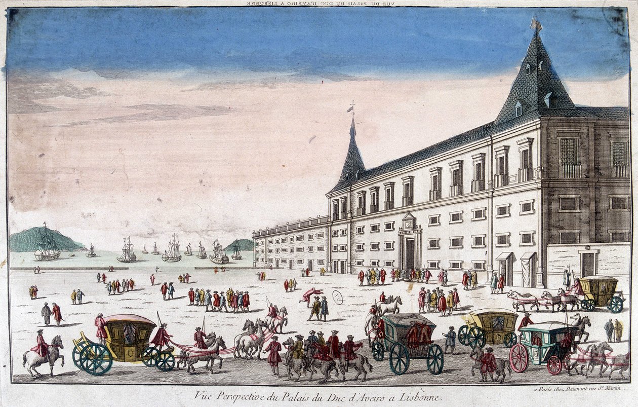 Perspektivsikt av slottet av hertigen av Aveiro i Lissabon - gravyr av French School