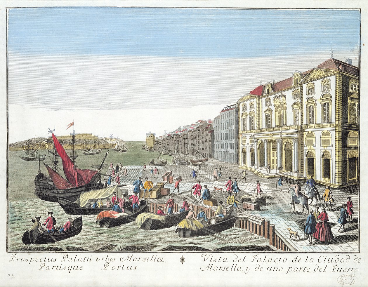 Perspektivvy av rådhuset och en del av hamnen i Marseille, c.1770 av French School