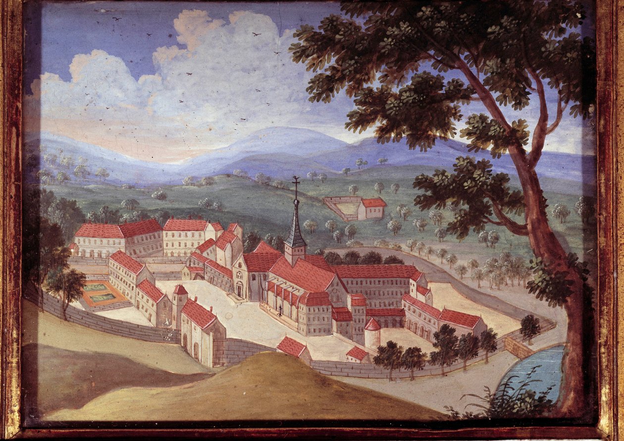 Perspektivvy av klostret Port royal des champs. Utsikt över klostret Port-Royal-des-Champs). Anonym målning från 1700-talet. Port Royal, Musee Des Granges. av French School