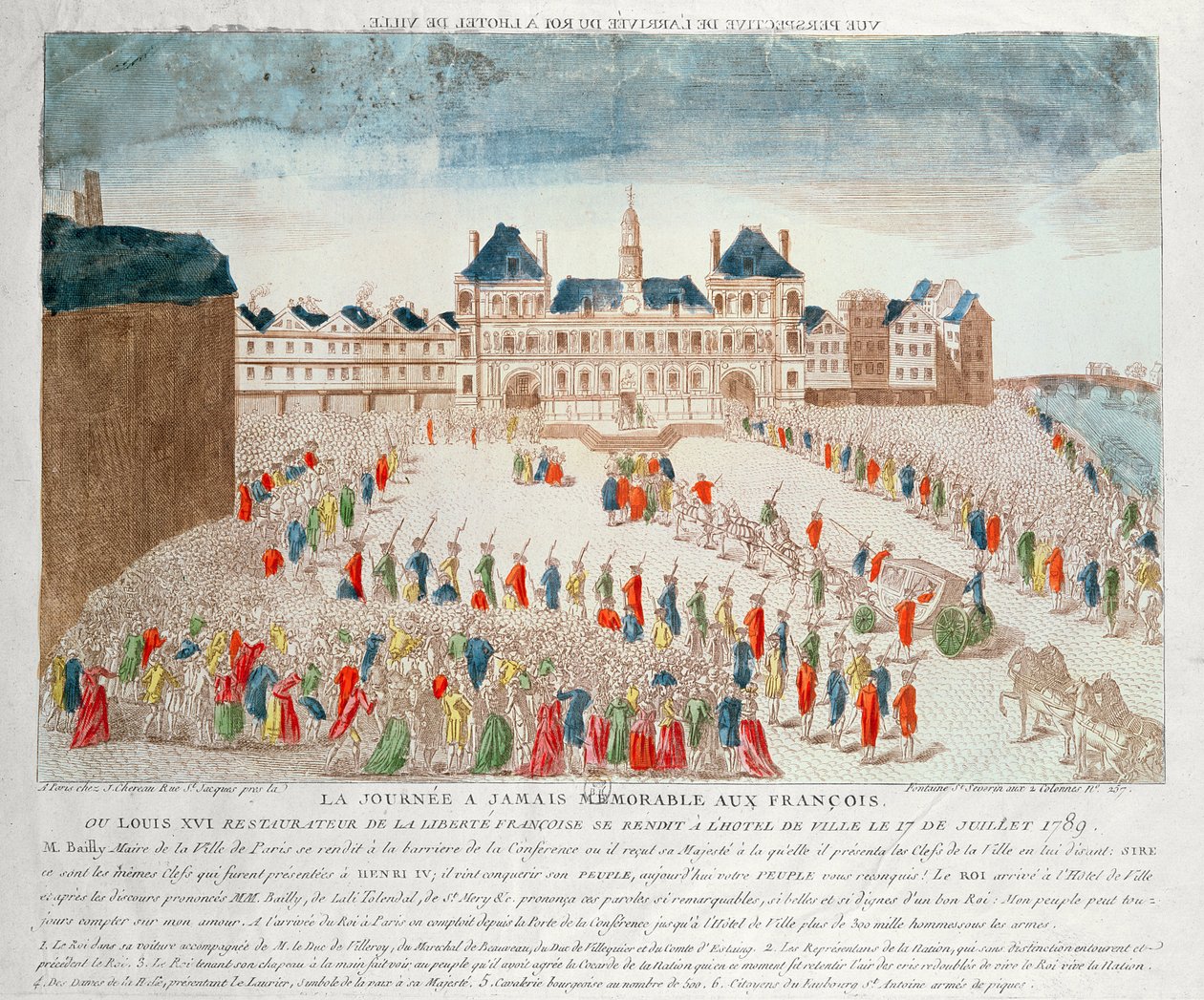 Perspektivvy av ankomsten av Ludvig XVI (1754-93) på Hotel de Ville, 17 juli 1789 av French School