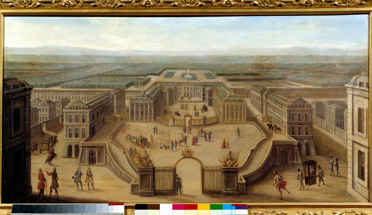 Perspektivvy av slottet i Versailles tagen från Place d