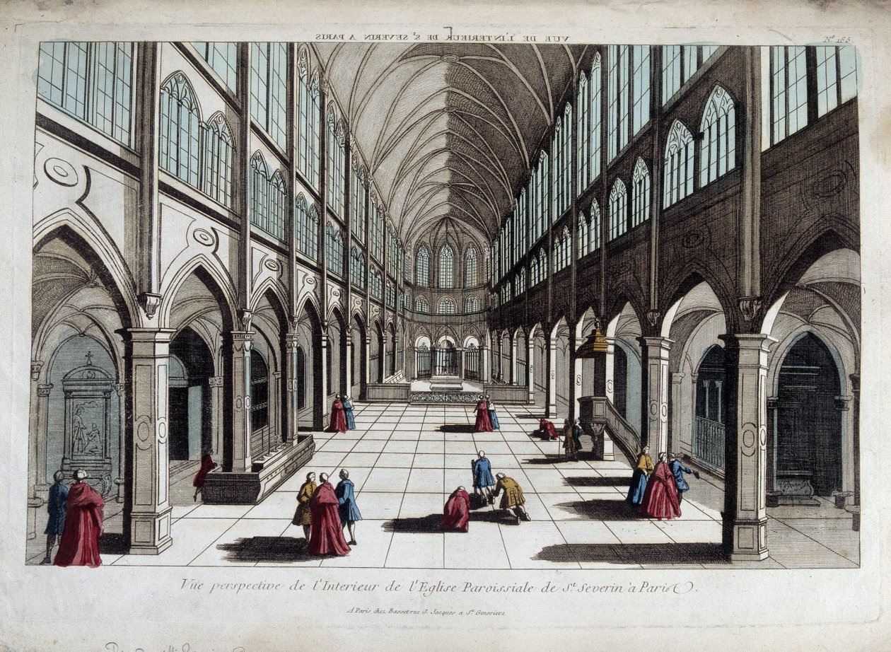 Perspektivvy av interiören av kyrkan Saint Severin i Paris - optisk vy av French School