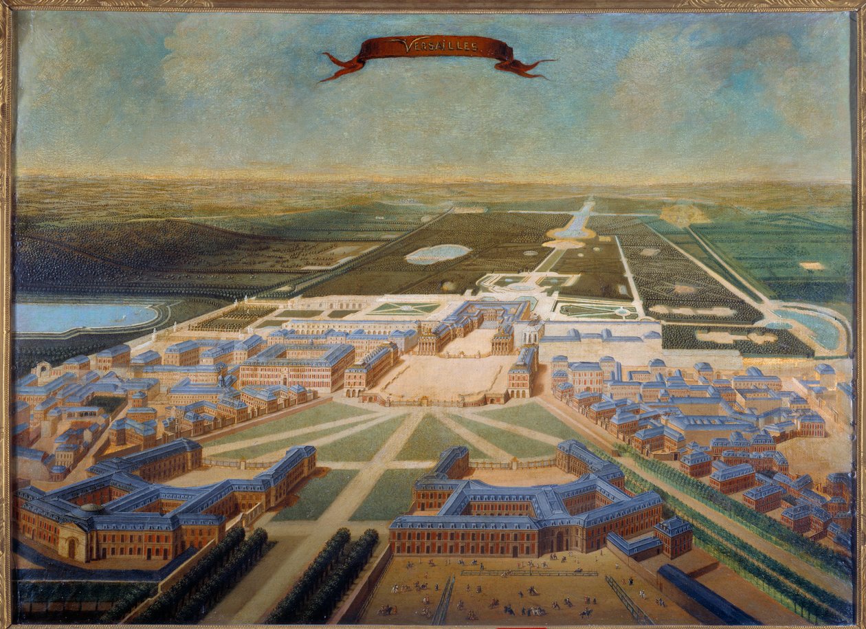 Perspektivvy av slottets stall och trädgårdarna i Versailles i slutet av Ludvig XIV:s rege, runt 1710-1715. Målning av den franska skolan av French School