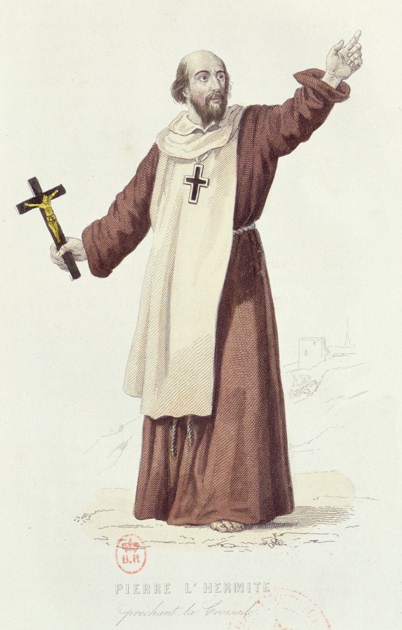 Eremiten Peter (ca 1050-1115) predikade det första korståget 1095, ca 1840 (färgstick) av French School