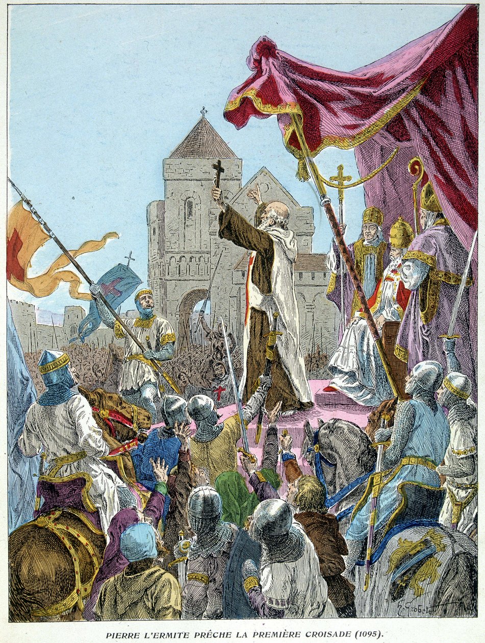 Eremiten Peter predikar det första korståget 1095 av French School