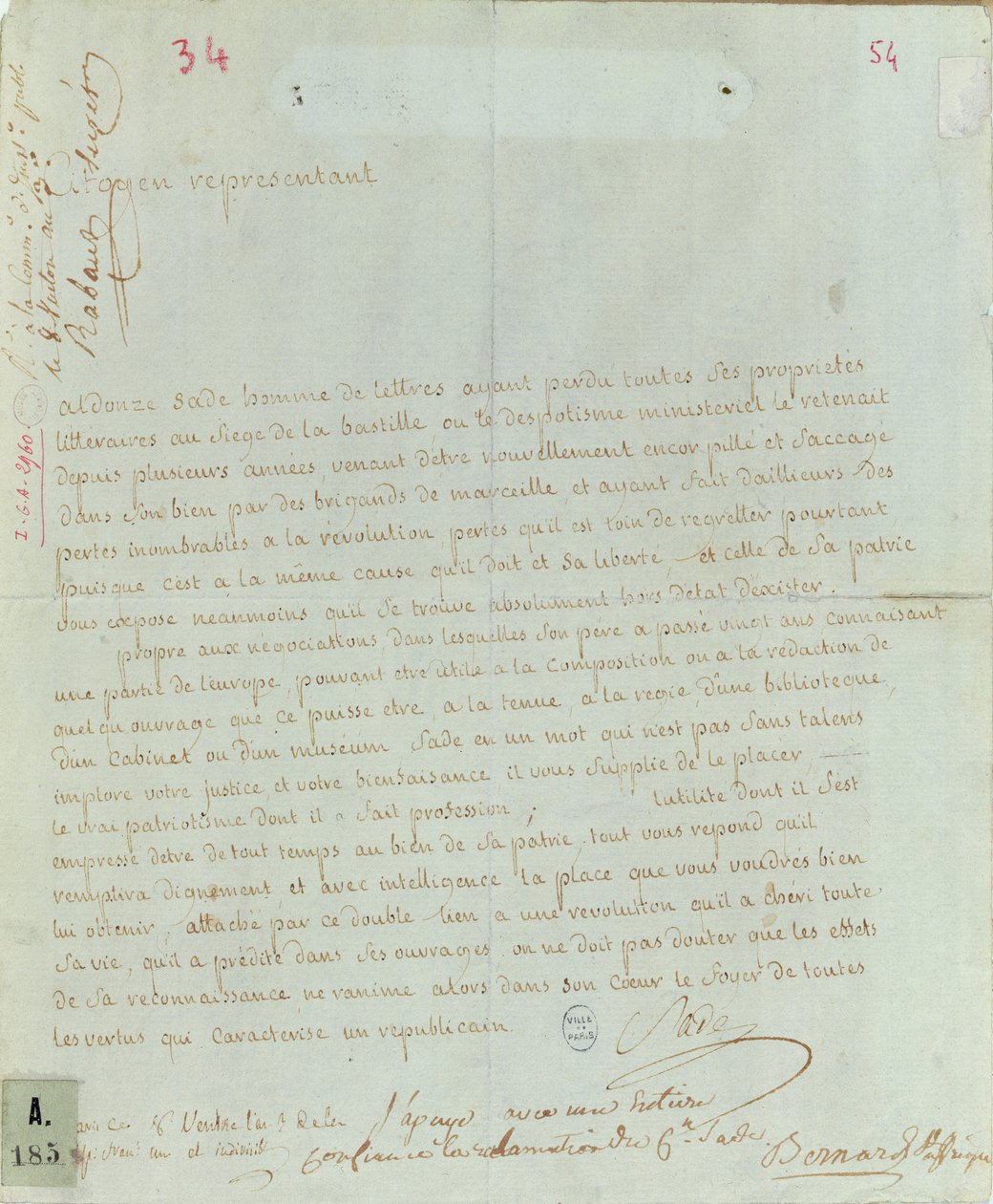 Framställning av Aldonze Sade om anställning, 1794-95 (penna och bläck på papper) av French School