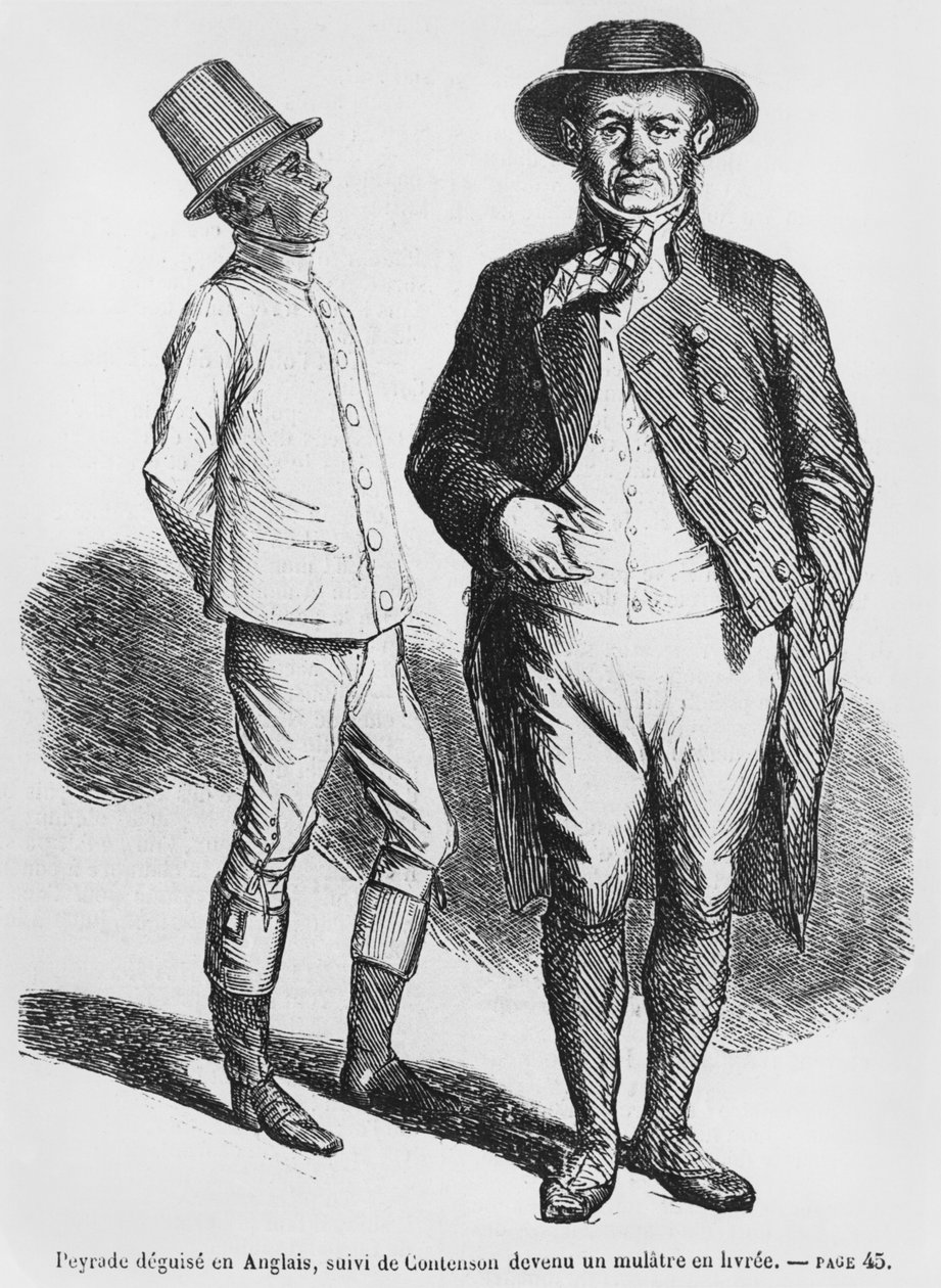 Peyrade förklädd till en engelsk man och Contenson som en mulatttjänare, illustration från Splendeurs et Miseres des Courtisanes av Honore de Balzac, publicerad 1867 av French School