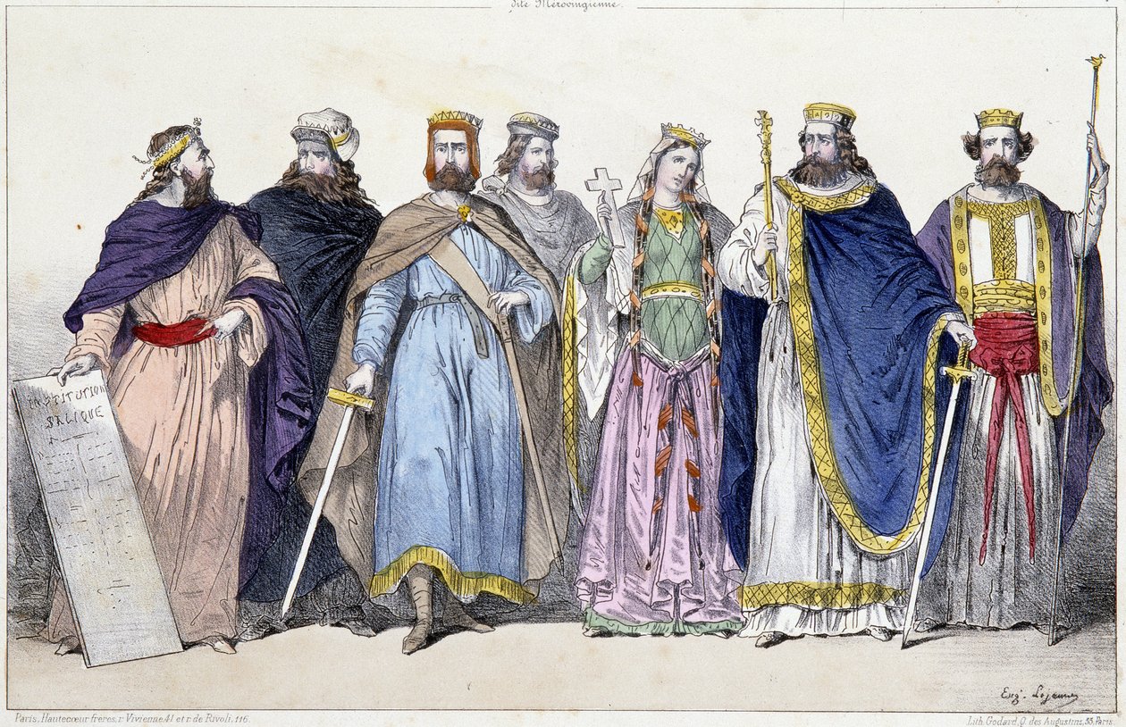 Pharamond, Clodion, Merovee, Childeric, Clotilde, Clovis 1er och Childebert 1er - i "Den franska monarkin i tryck"" av French School