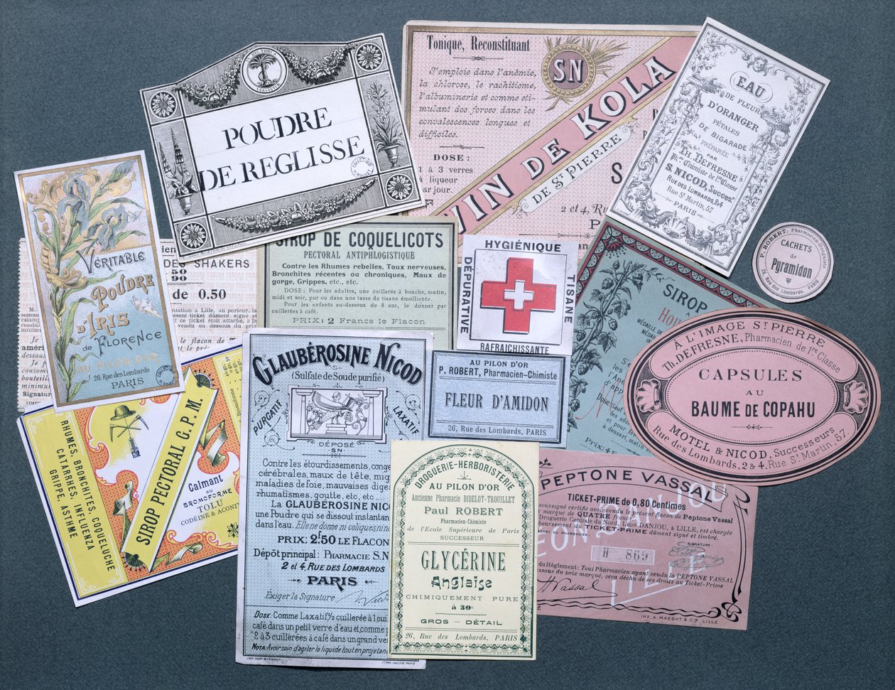 Farmaceutiska etiketter, sent artonhundra och början av nittonhundratalet av French School